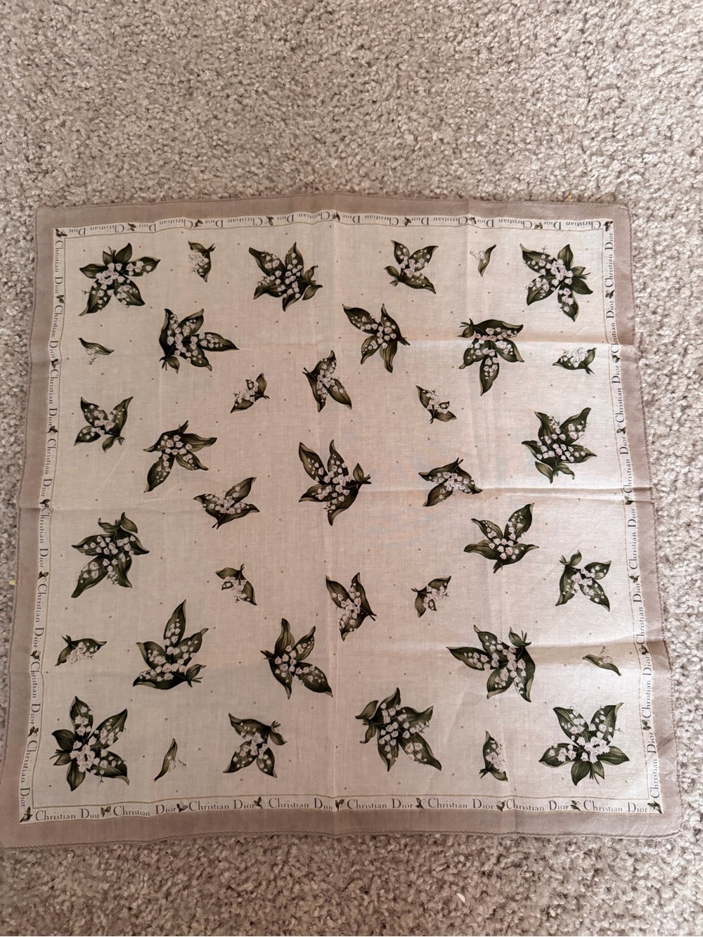 Dior Cream Silk Napkin with Green Floral Motif